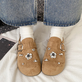 女外穿一脚蹬复古懒人鞋 娇彤 水钻厚底包头勃肯半拖鞋 百搭