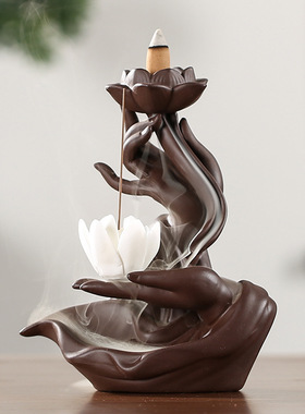 新款禅意佛手莲心创意倒流香炉紫砂檀香炉家居饰品摆件热销