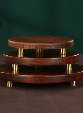 木质圆形摆件工艺品底座 香薰花盆佛像底座 新中式仿胡桃木底座