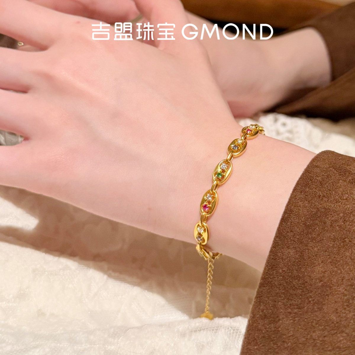 吉盟珠宝999足金点钻手链女古法黄金手串多彩猪鼻子轻奢时尚ins风