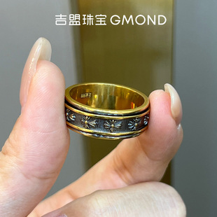 吉盟珠宝黄金戒指男女足金999电黑克罗十字心可转动复古时来运转