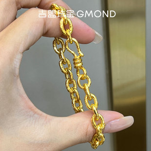 吉盟珠宝古法黄金锤纹手链男款足金999复古文玩手串送男友礼物