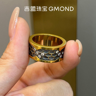 吉盟珠宝电黑蛇鳞古法黄金戒指男女同款实心闭口999足金点钻指环