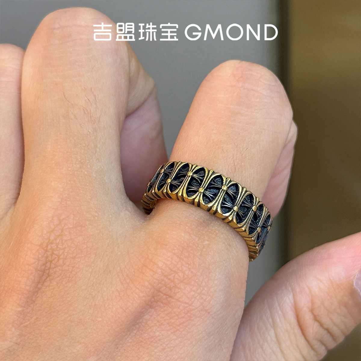 999足金电黑十字架古法黄金戒指