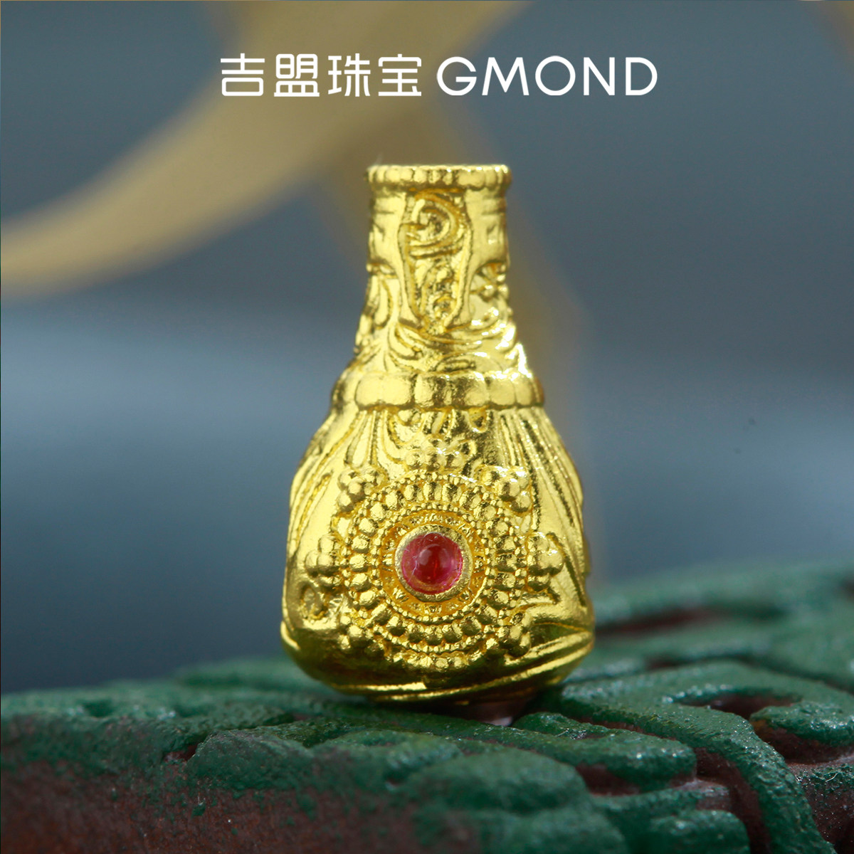 999足金雕花法轮三通古法黄金