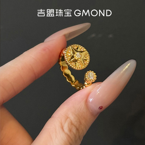 999足金点钻黄金戒指八芒星罗盘