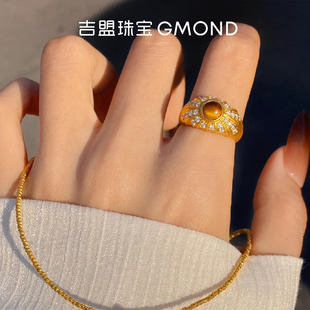 吉盟珠宝5D黄金闭口戒指女款足金999虎眼石拉丝食指戒贵气古董风