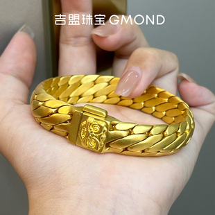 吉盟珠宝古法黄金表带手链男足金999三马鞭链鲁班扣醒狮霸气老板