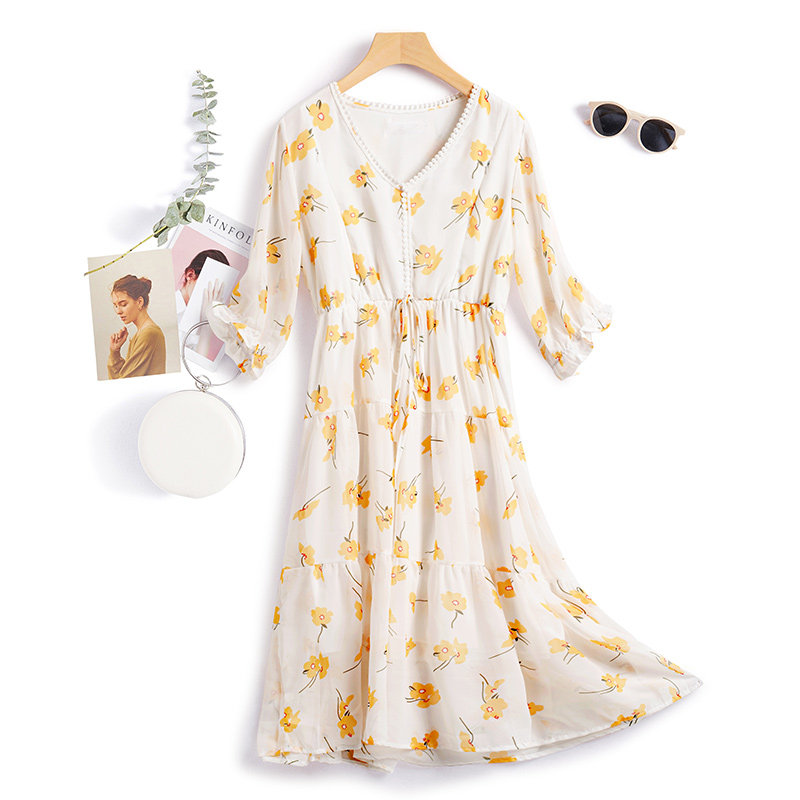 孕妇夏季雪纺A字连衣裙哺乳装中长裙产后外出V领喂奶潮妈女花朵