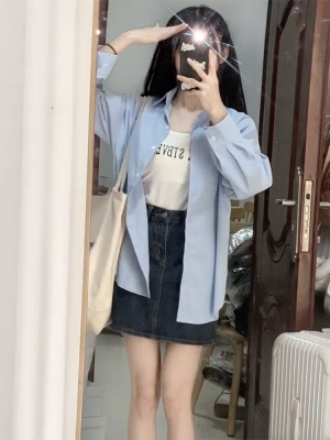 微胖MM港味高级感蓝色防晒衬衫