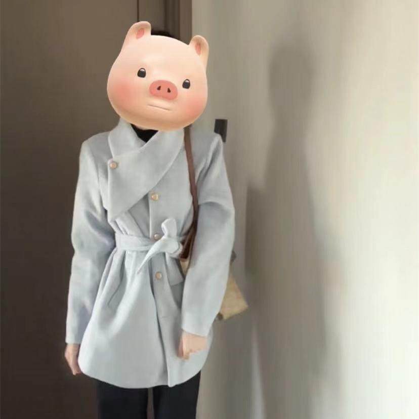 呢子大衣加厚收腰蓝色毛呢外套女