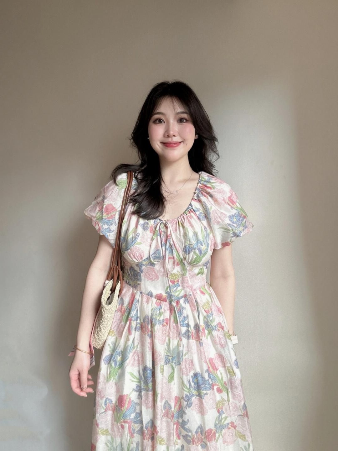 微胖MM温柔风碎花泡泡袖连衣裙