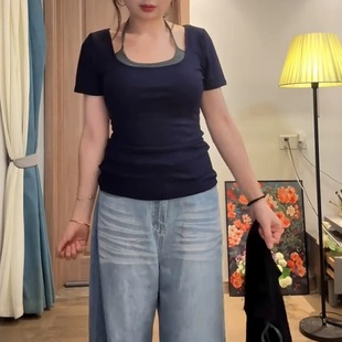 微胖mm假两件拼接正肩挂脖短袖 显瘦辣妹上衣 T恤女夏季 修身