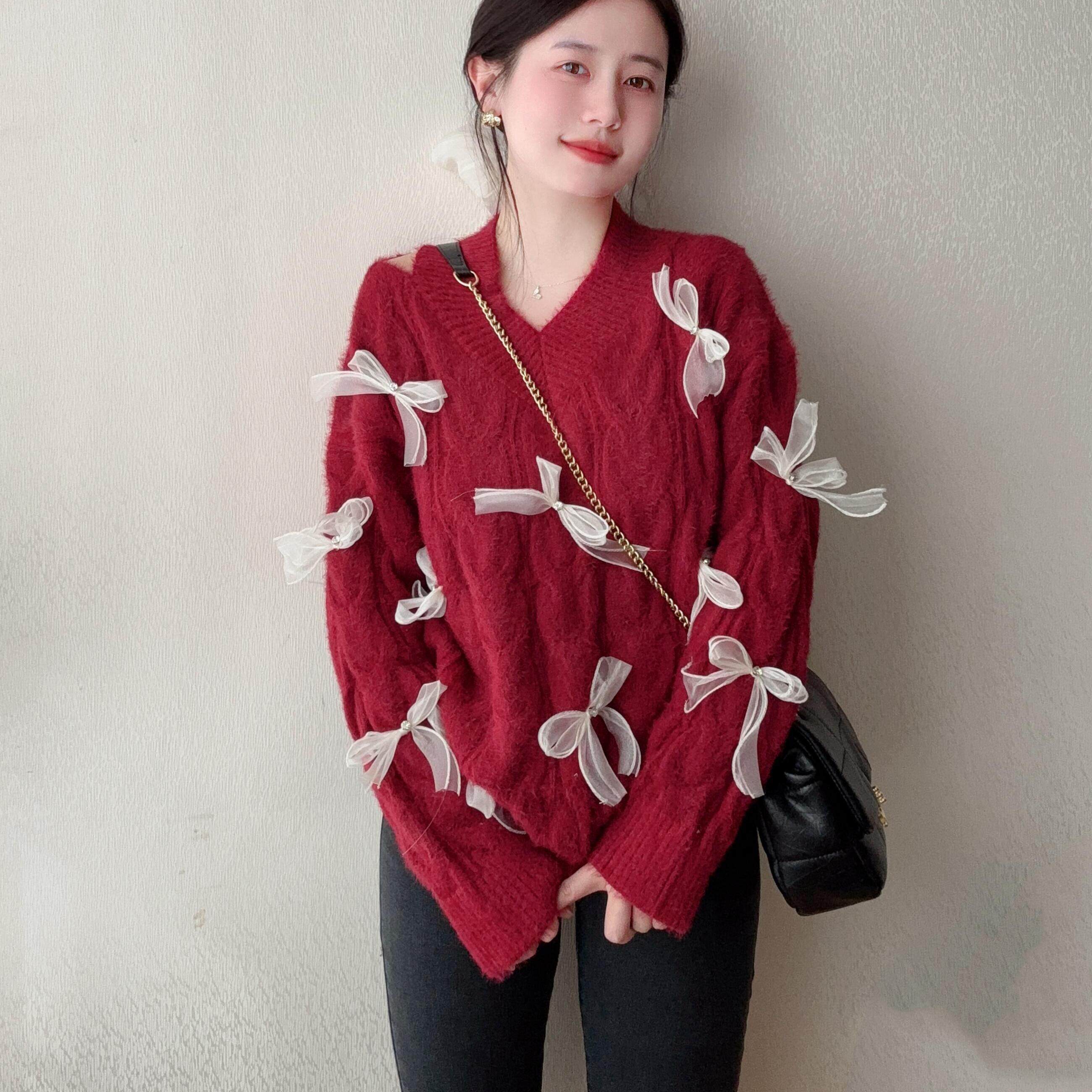 微胖mm法式慵懒风蝴蝶结红色毛衣