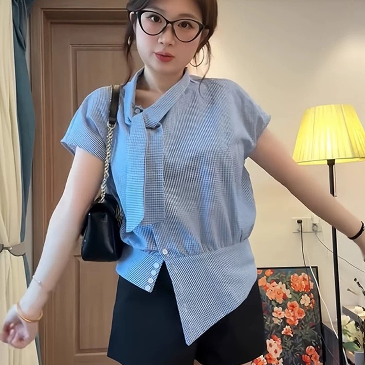 大码设计感飘带不规则格子衬衫