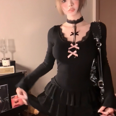 纯欲性感黑色蕾丝蝴蝶结连衣裙