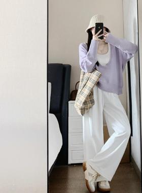 微胖MM紫色大V领针织衫秋季新款设计感短款毛衣+吊带背心叠穿套装