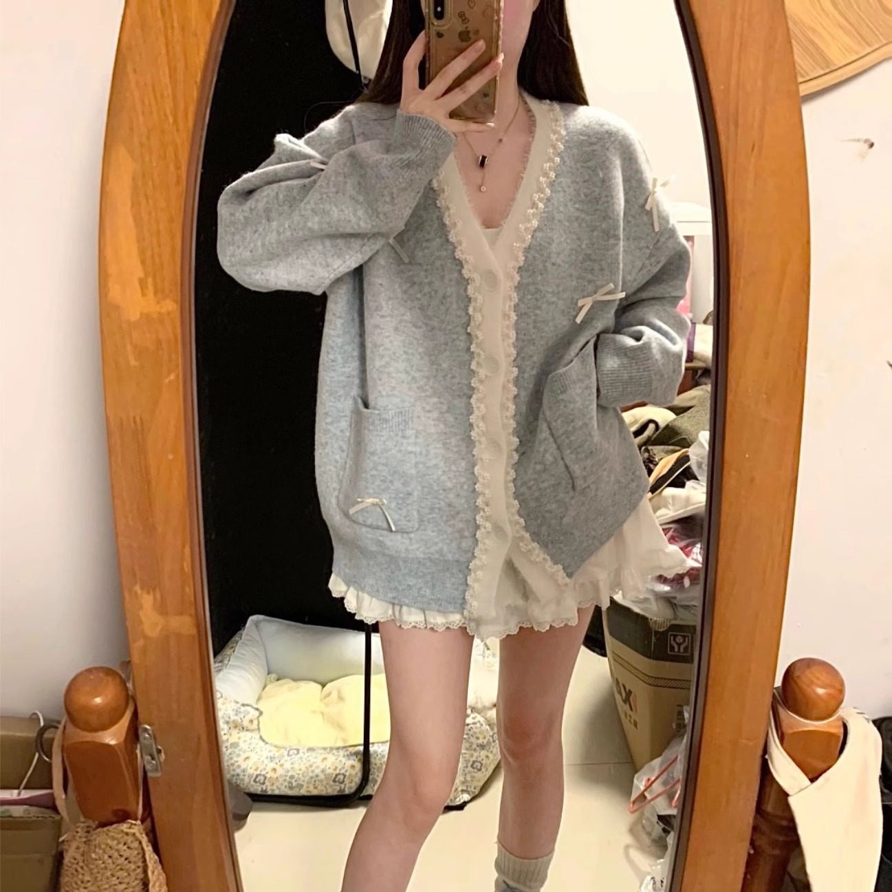 微胖MM日系复古v领蝴蝶结毛衣女秋冬慵懒小个子软糯宽松针织外套,女装/女士精品,大码内搭,淘宝优惠券,粉丝福利购,淘宝优惠卷