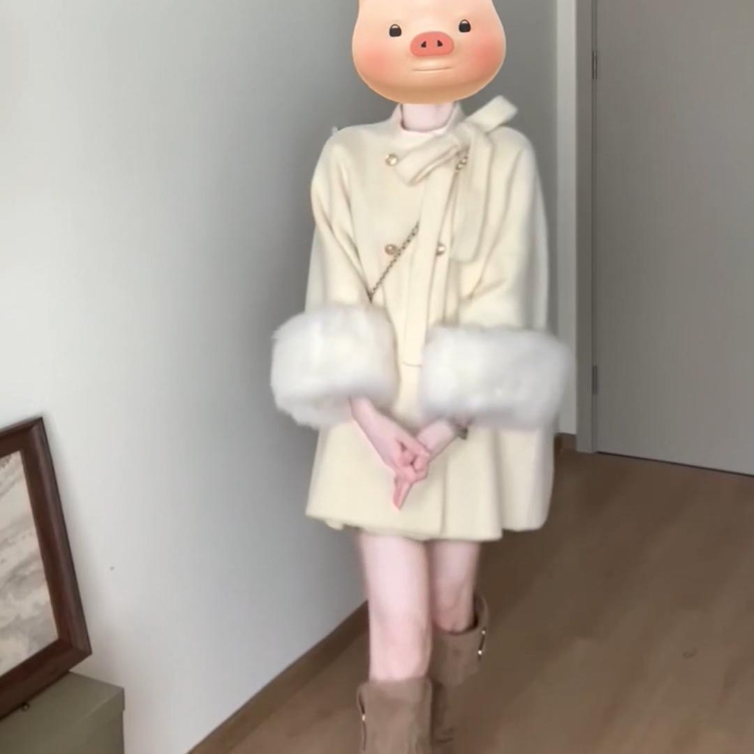 微胖MM法式千金斗篷夹棉毛呢外套