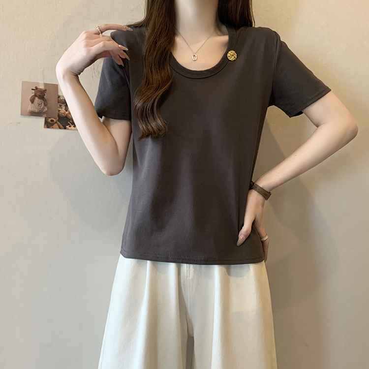 微胖MM设计感锁骨u领短袖t恤
