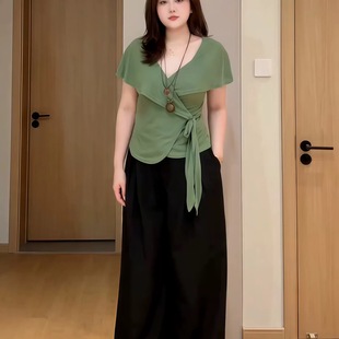 修身 大码 新款 胖MM辣妹风交叉不规则绑带v领短袖 显瘦上衣女 T恤夏季