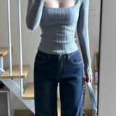 微胖MM短款 显瘦灰色慵懒风内搭上衣 修身 百搭方领针织打底衫 女秋季