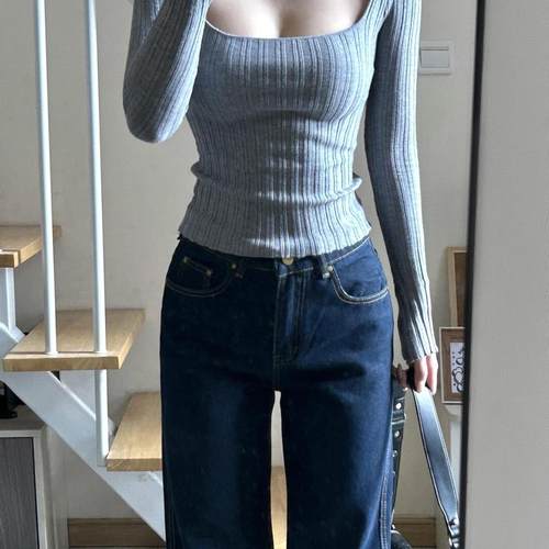 微胖MM短款百搭方领针织打底衫女