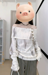 女秋冬季 微胖MM法式 针织衫 设计感小众修身 一字肩扎染长袖 显瘦毛衣