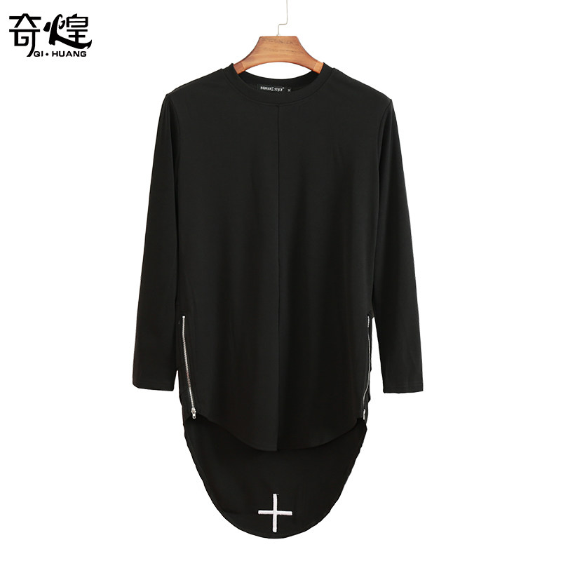 男士长袖T恤春秋韩版潮流圆领卫衣个性中长款体恤打底衫外套上衣