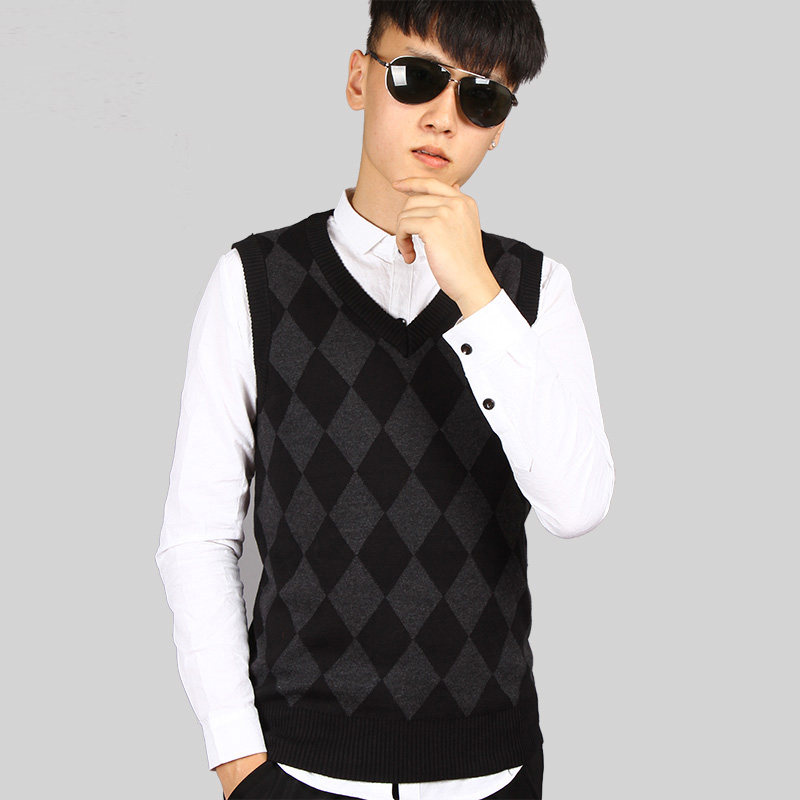 秋冬季男士V领毛背心套头毛线马甲无袖毛衣格子针织衫马夹坎肩潮