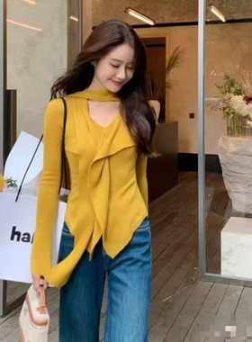 设计感飘带荷叶边针织衫女秋季修身显瘦百搭气质韩系上衣