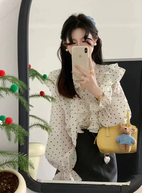 爱心波点长袖衬衫荷叶边新款法式蝴蝶结系带宽松百搭显瘦小衫