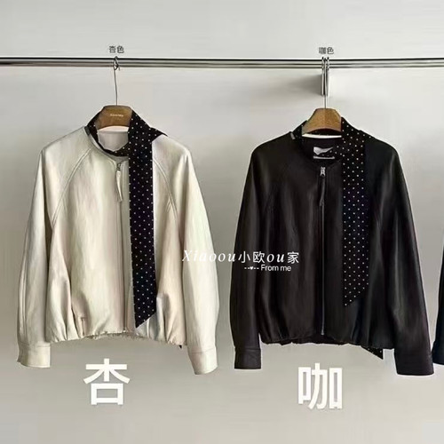 OU高级感炸街复古皮衣外套女秋冬百搭宽松夹克机车送飘带