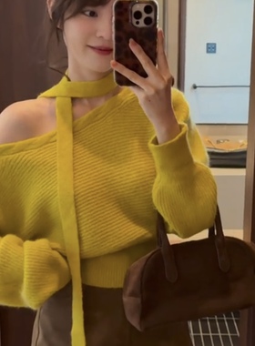 2025秋冬气质韩系设计感露肩飘带针织衫女慵懒风显瘦毛衣