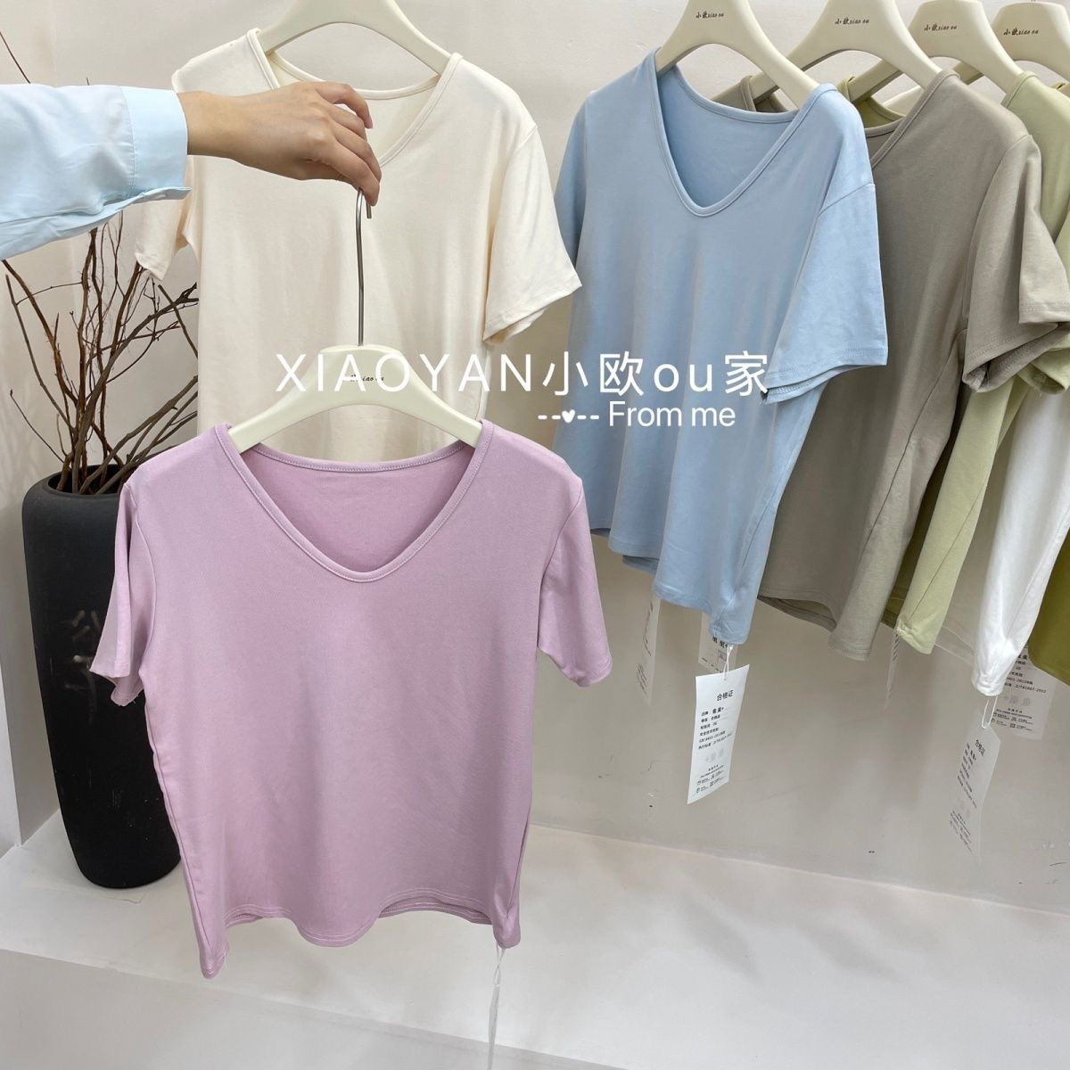 2025夏季新款女装简约V领短袖T恤女宽松显瘦百搭上衣