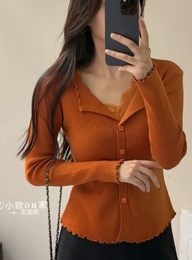 气质韩式翻领蕾丝边针织秋冬新款修身收腰百搭上衣