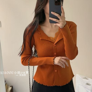 收腰百搭上衣 修身 气质韩式 翻领蕾丝边针织秋冬新款