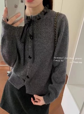温柔韩系领系绳蝴蝶结针织开衫女高级甜美毛衣长袖外套