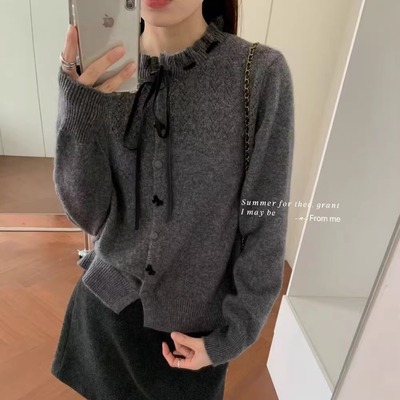 温柔韩系领系绳蝴蝶结针织开衫女高级甜美毛衣长袖外套