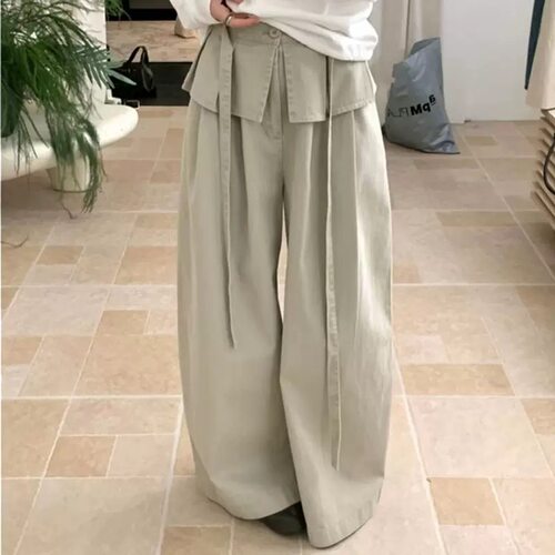 夏季慵懒风设计感假两件屁帘系带高腰阔腿女裤休闲裤