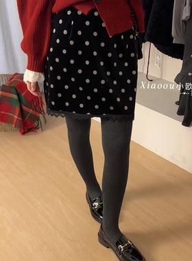 休闲加绒波点A字半身裙女高腰蕾丝拼接短裙小众设计感