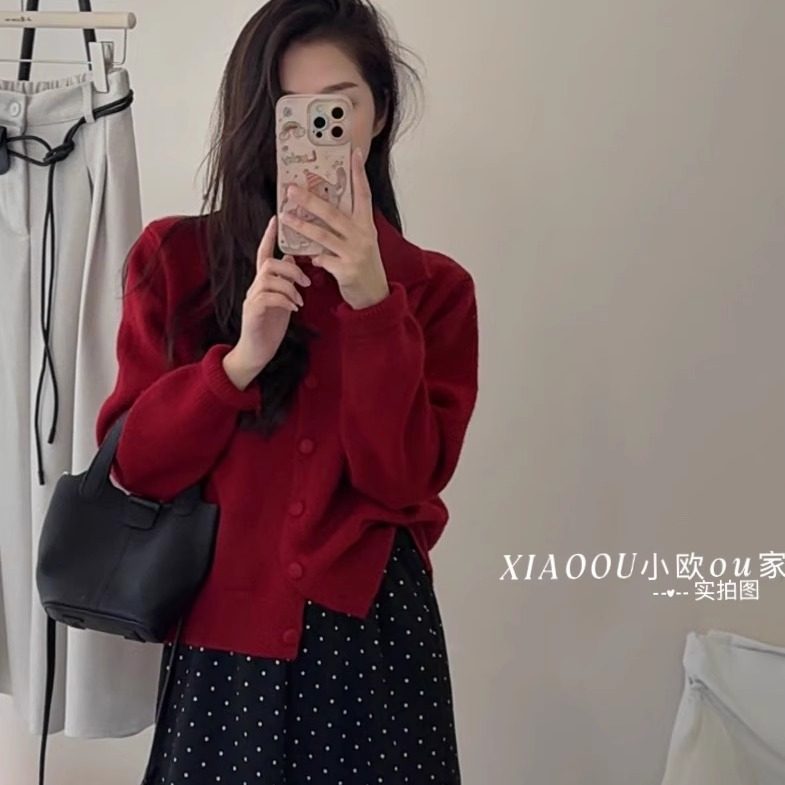 韩系翻领毛衣开衫外套秋冬新款慵懒气质百搭针织外套上衣