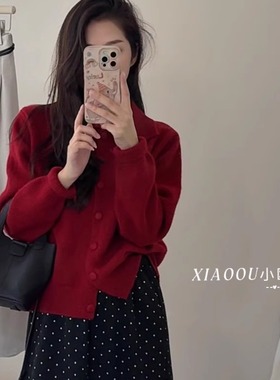 韩系翻领毛衣开衫外套秋冬新款慵懒气质百搭针织外套上衣