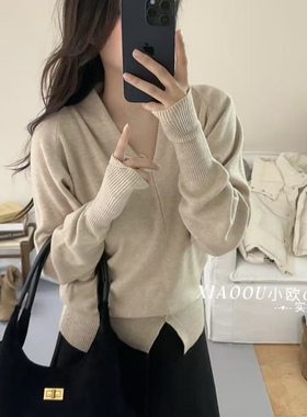 韩系简约V领针织衫女2025秋冬新款宽松显瘦百搭长袖打底衫上衣