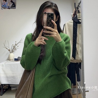 OU 慵懒套头软糯长袖毛衣秋冬韩版圆领宽松针织衫女百搭外穿上衣