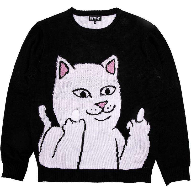 美国潮牌RIPNDIP 贱猫中指猫毛衣针织衫 男女情侣款 会竖中指的猫