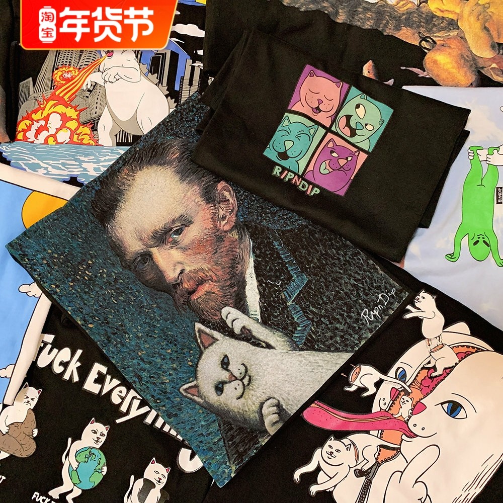 美国潮牌RIPNDIP中指贱猫夏季纯棉短袖T恤经典款口袋猫男女情侣款