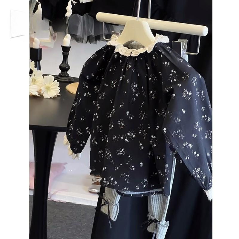 5春装4女童6纯棉黑色花边领长袖衬衫2儿童装1小女孩3岁泡泡袖上衣