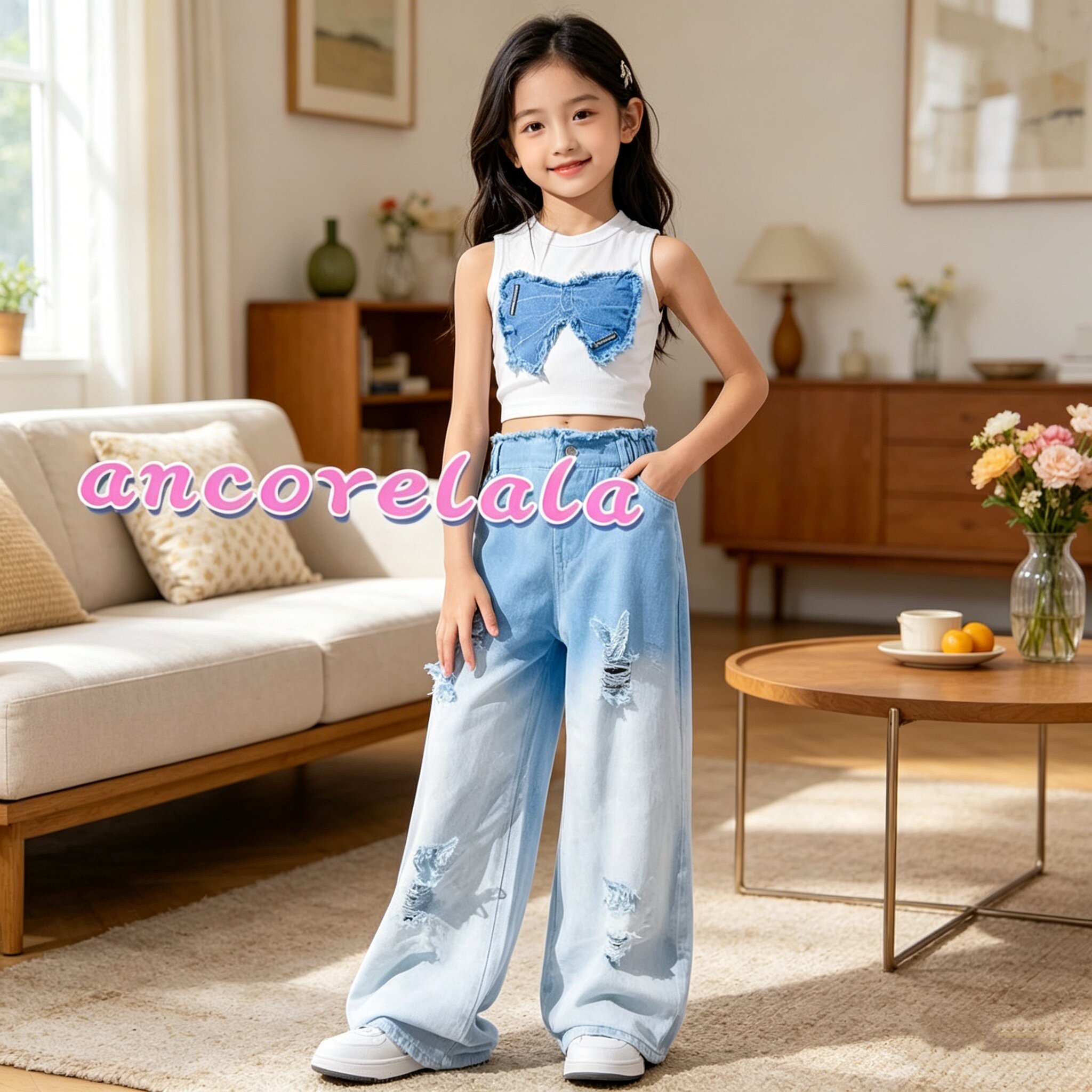 5夏装4女童6蝴蝶结背心渐变牛仔裤套装7中大童8小女孩3岁薄款衣服