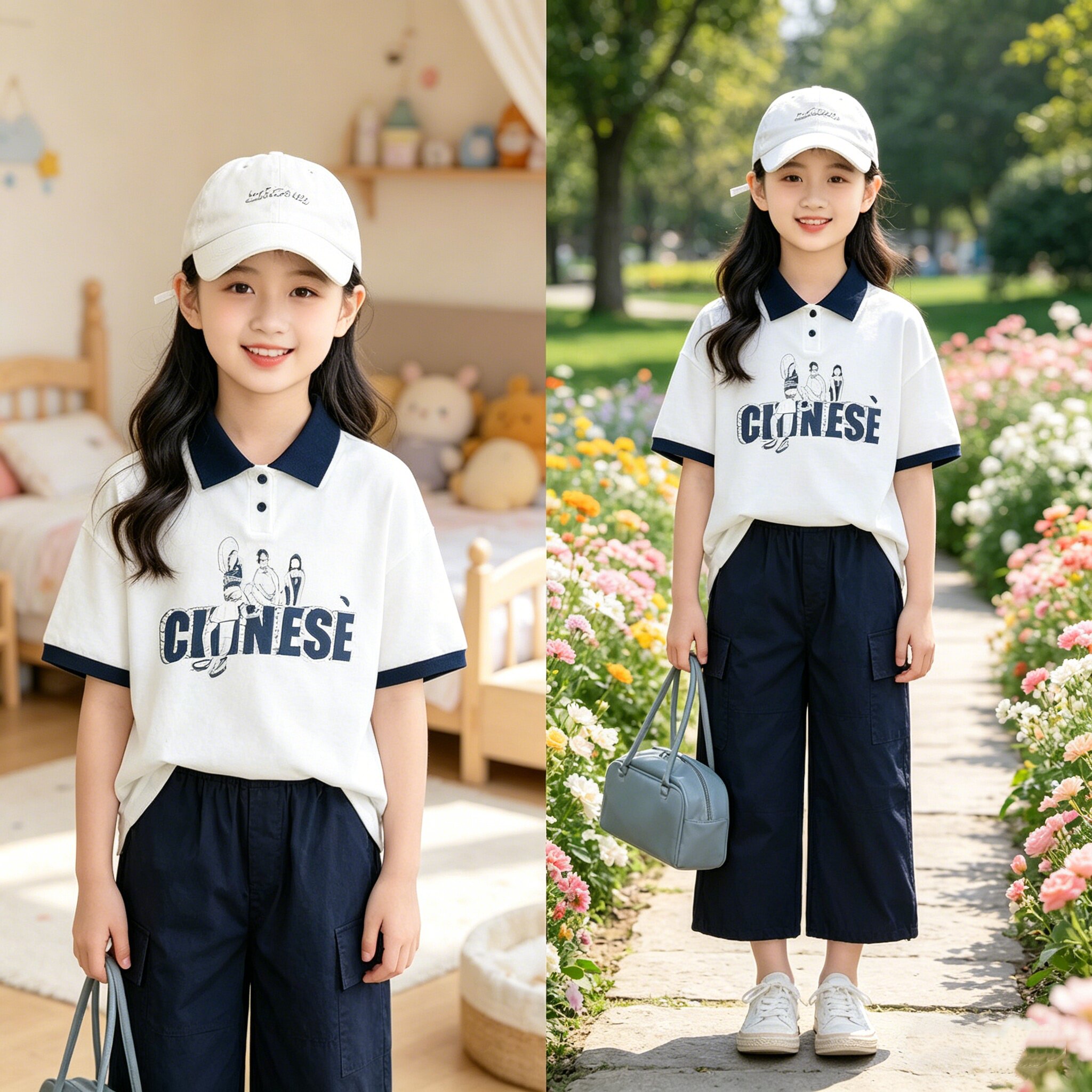 5夏装4女童6polo领卡通印花短袖T恤套装7中大童8小女孩3岁七分裤